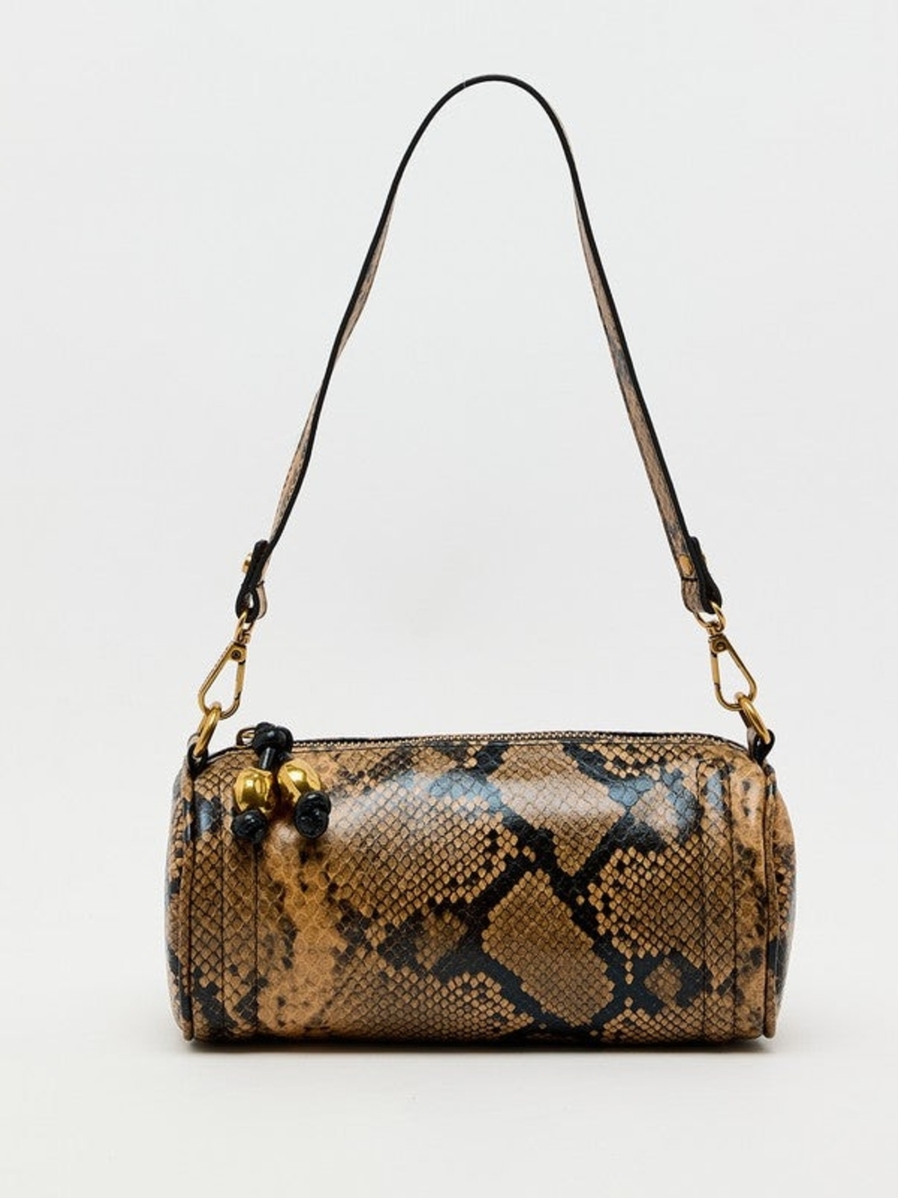 Steve Madden Tan Snake-Print Barrel Bag with Black Accents